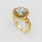 Cushion diamond ring with ornate floral halo