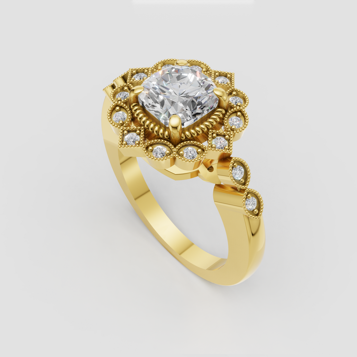 Cushion diamond ring with ornate floral halo