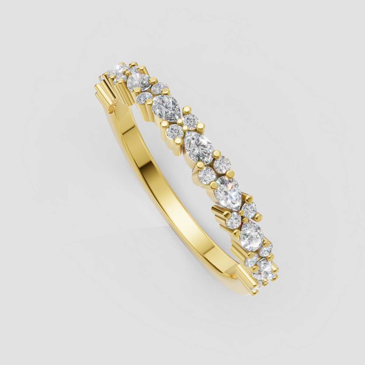 Round and pear diamond half eternity band with prong setting