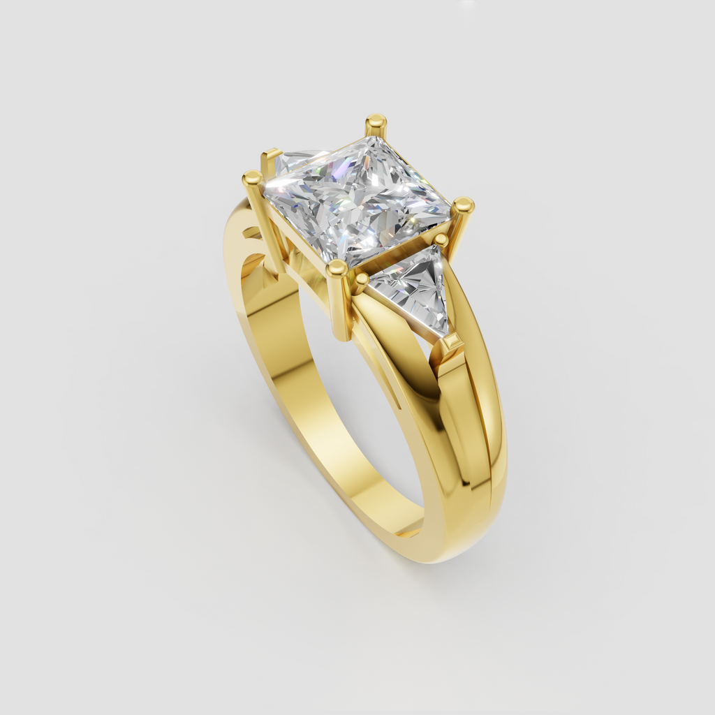 Yellow gold princess cut diamond ring with trillion side stones