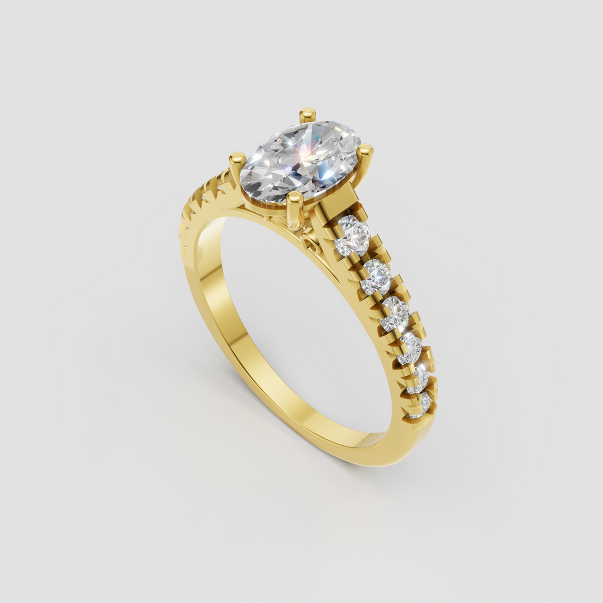 Oval center diamond engagement ring with pavé side stones