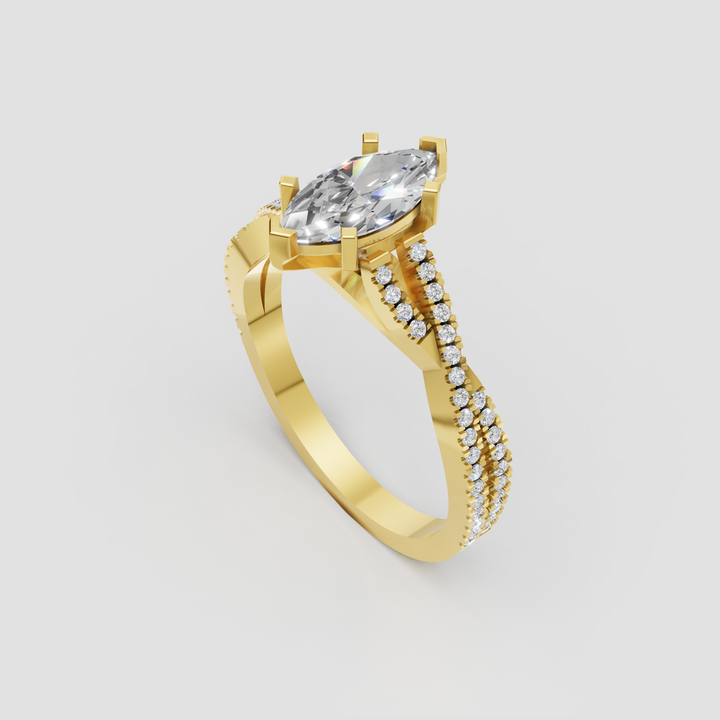 Marquise center stone engagement ring with double row diamond shoulders
