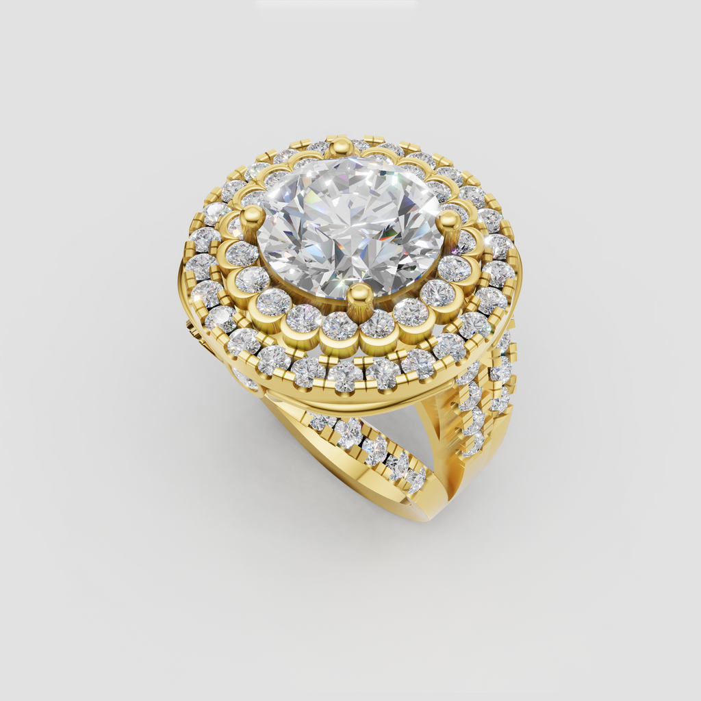 Round diamond engagement ring featuring a double halo and detailed gold setting