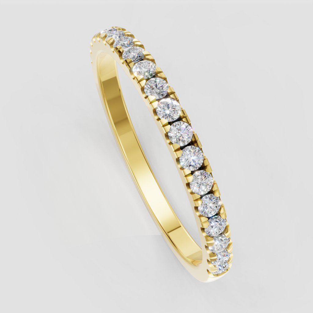 Round diamond half eternity wedding band with shared-prong setting