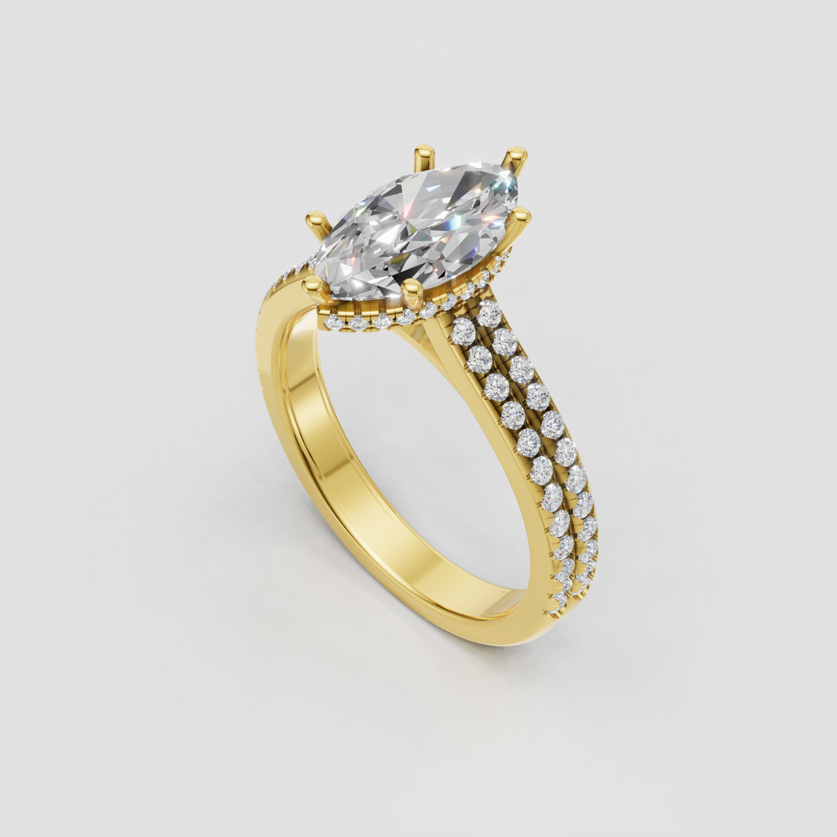 Yellow gold marquise cut diamond ring with sparkling split-shank design