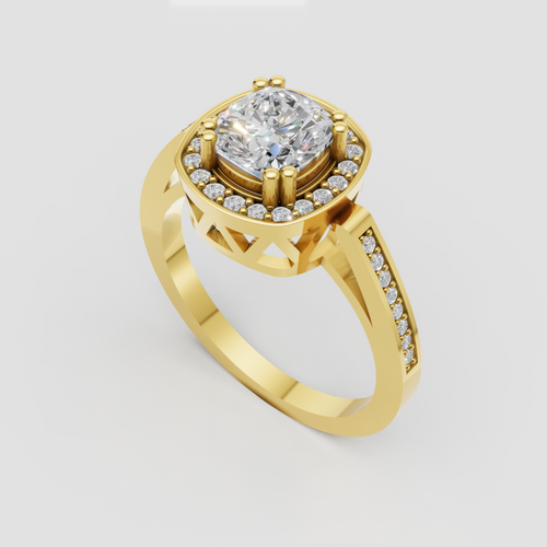 Cushion diamond ring with full round stone halo and prong setting