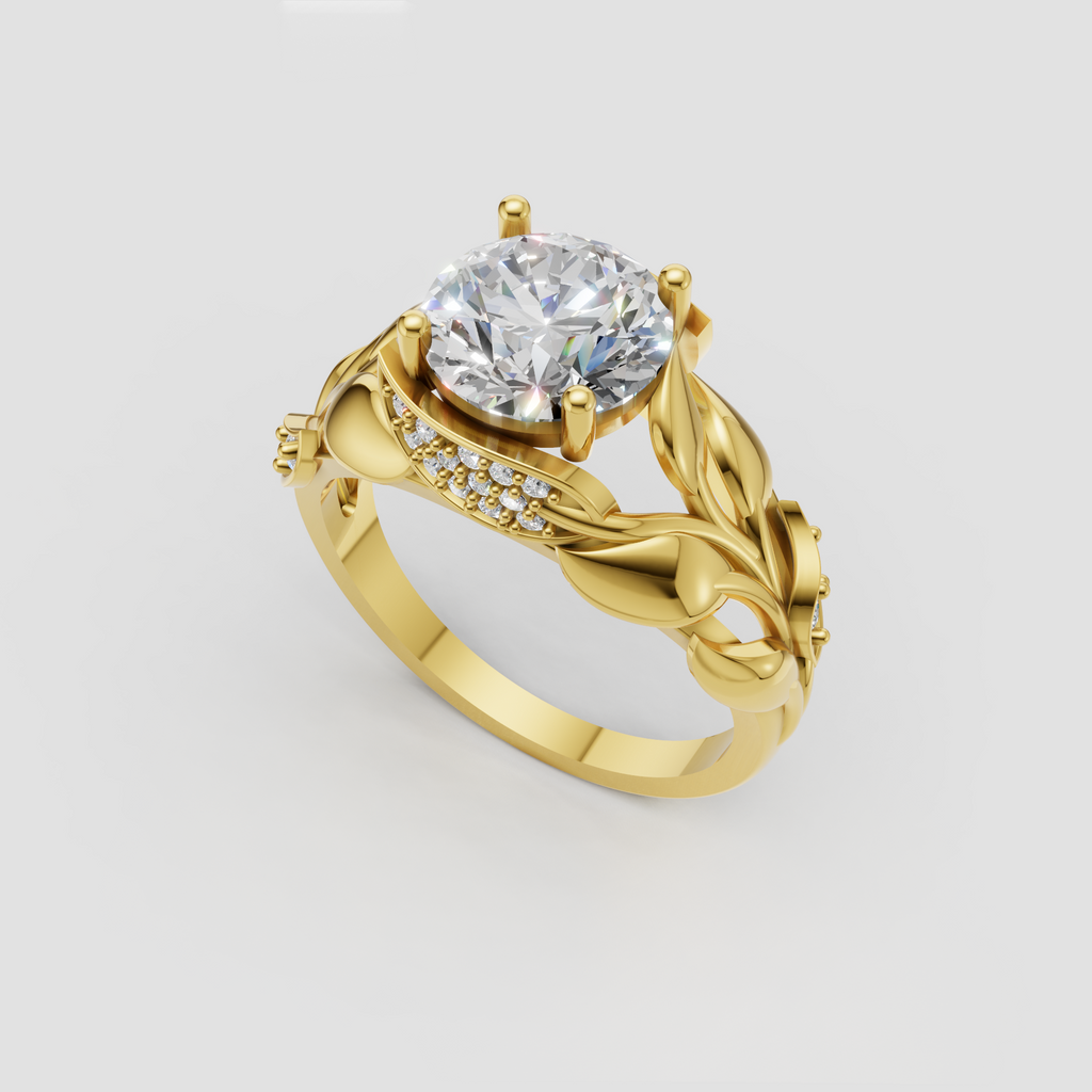 Round diamond engagement ring with sculpted leaf details