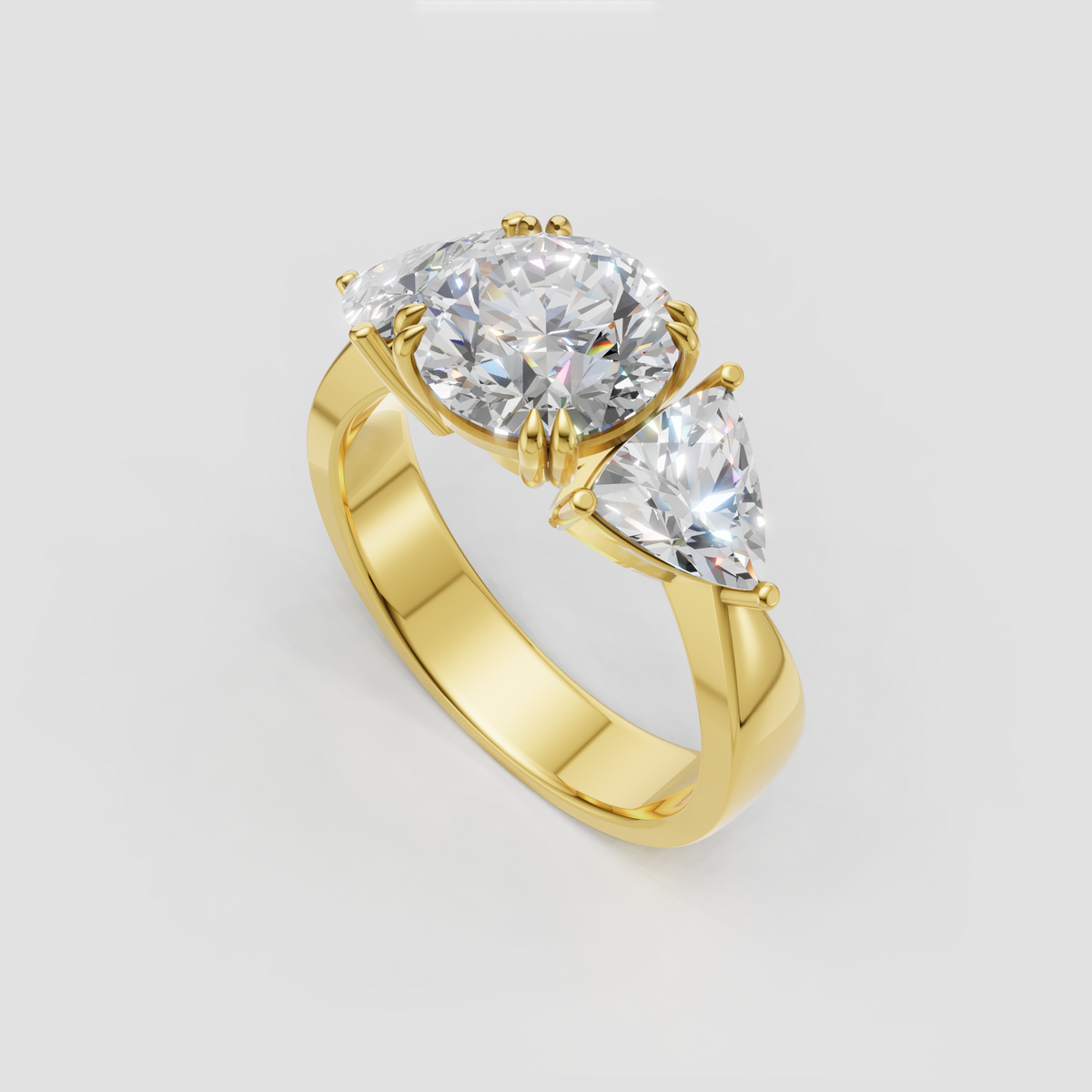 Round center diamond ring with Trillion-shaped side stones and prong setting