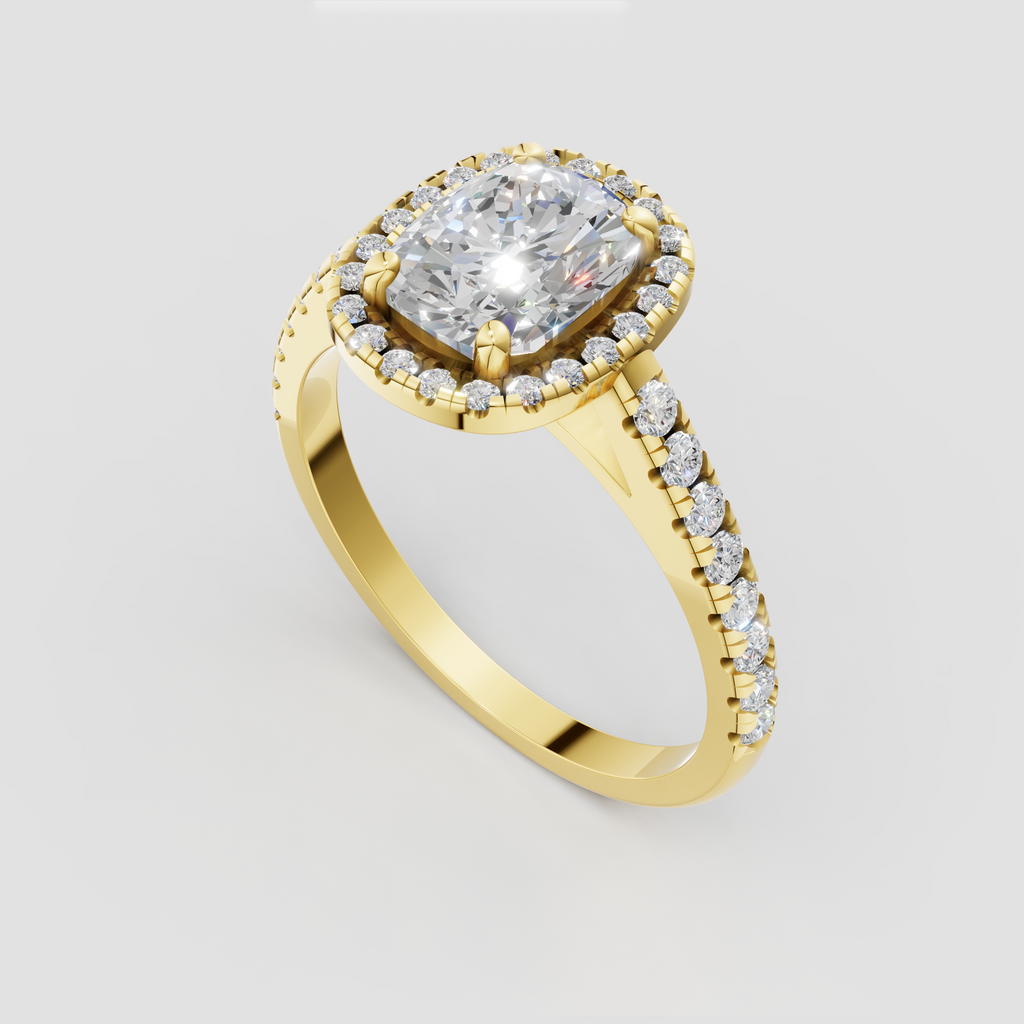 Yellow gold cushion cut diamond halo ring
