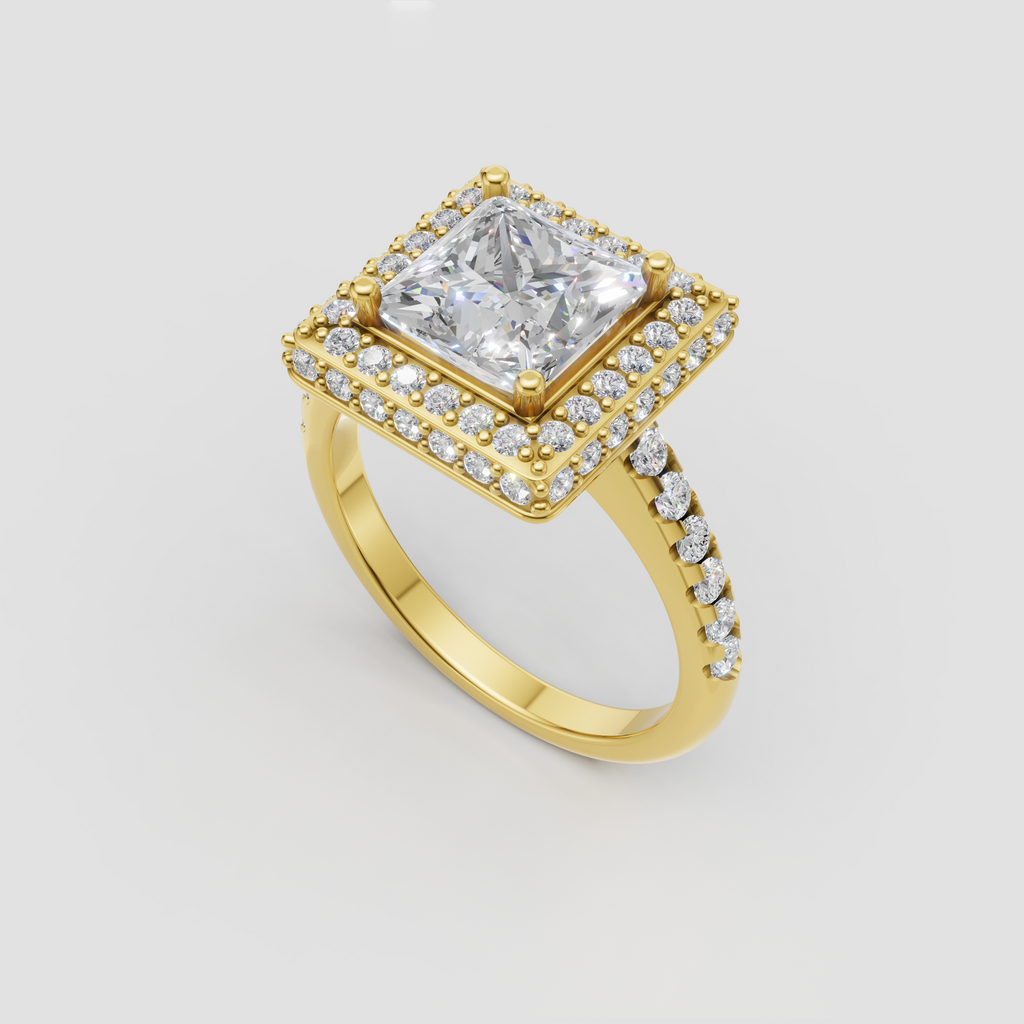 Square princess cut diamond ring with double halo