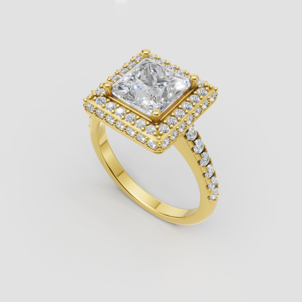 Square princess cut diamond ring with double halo