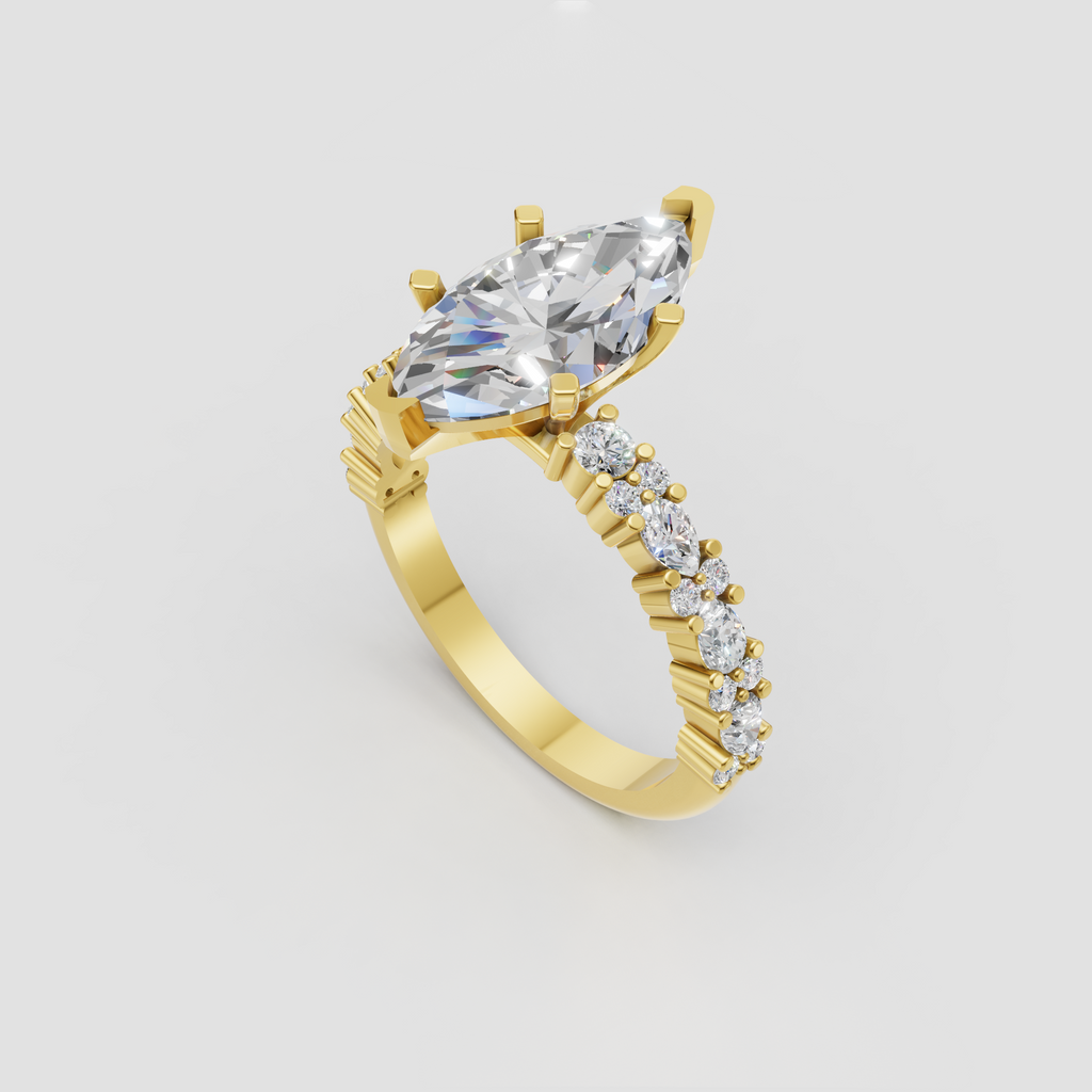 Marquise diamond engagement ring with sparkling accent stones and yellow gold band