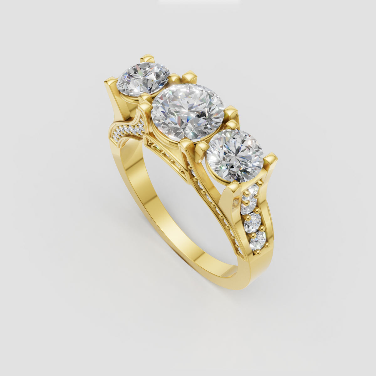 Round Diamond three-stone engagement ring with larger center stone and side stones