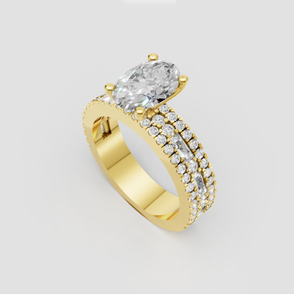 Oval diamond ring featuring a luxurious three-row diamond band in polished yellow gold