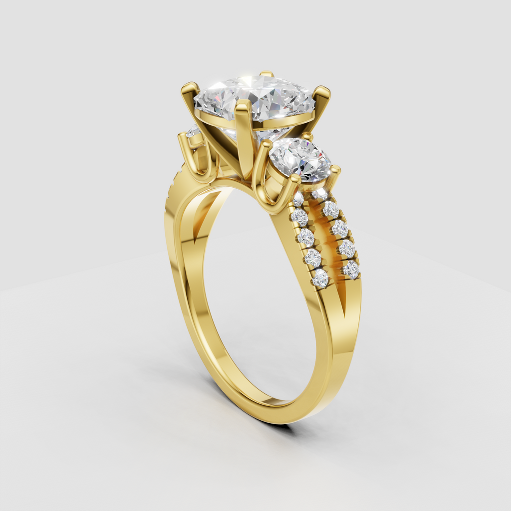 Oval center diamond ring with oval side stones and pavé band