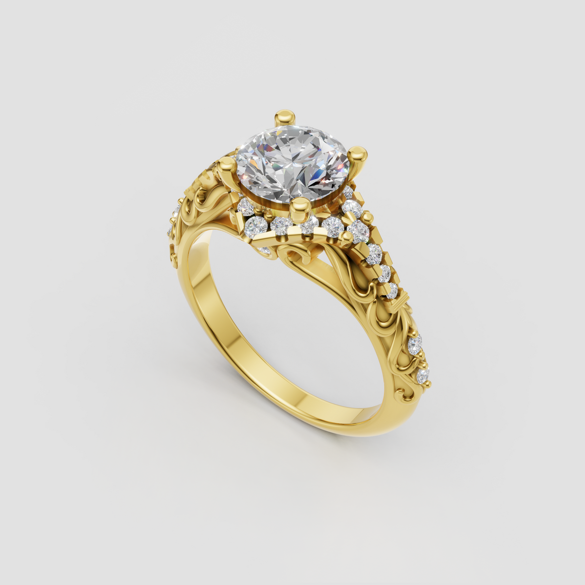 Ornate round diamond floral filigree engagement ring with accent diamonds