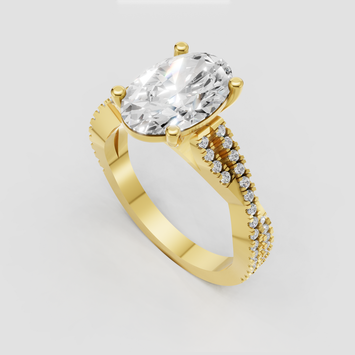 Oval Diamond split-shank engagement ring with pavé side stones