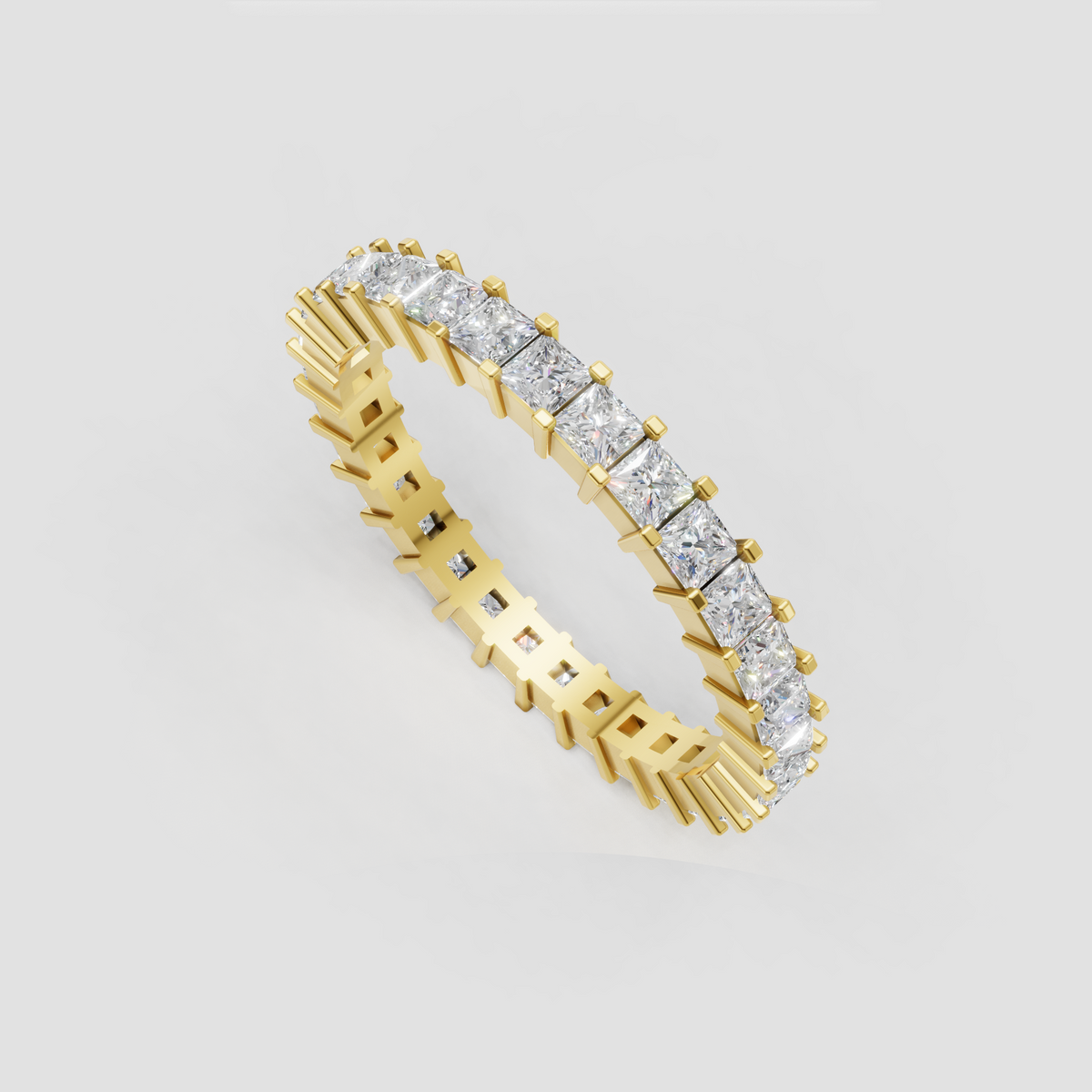 Yellow gold princess cut diamond eternity ring with prong setting
