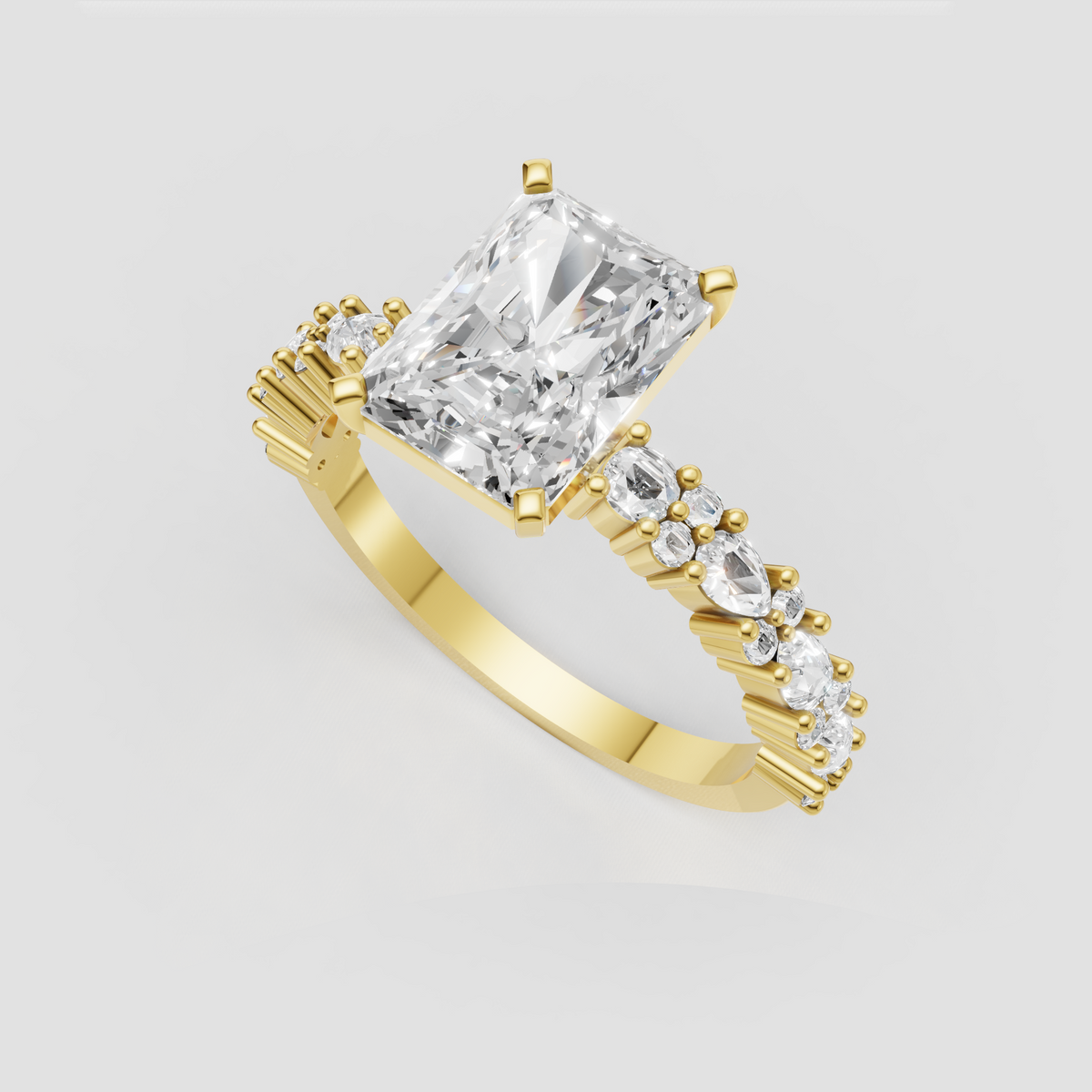 Elongated radiant diamond engagement ring with four prongs