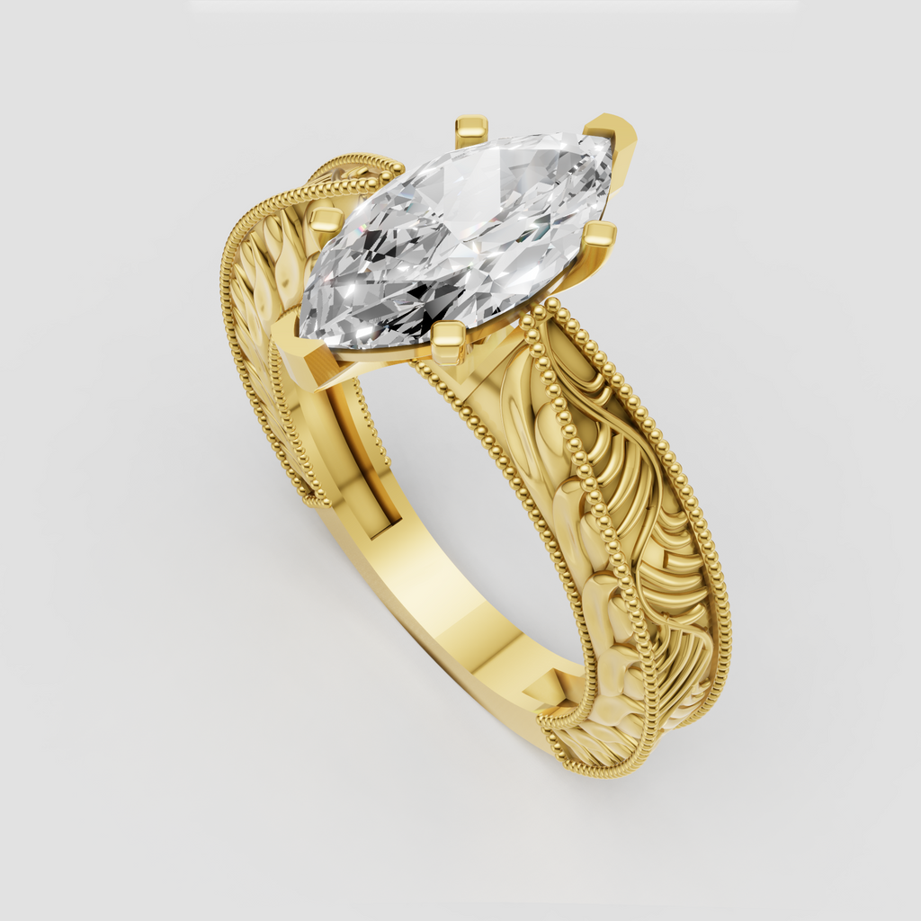Marquise cut diamond engagement ring with ornate filigree band