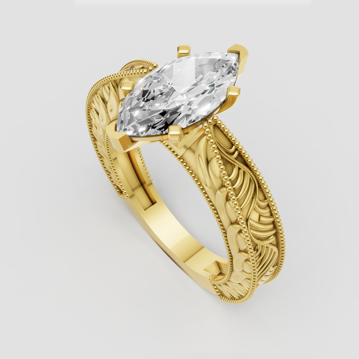 Marquise cut diamond engagement ring with ornate filigree band