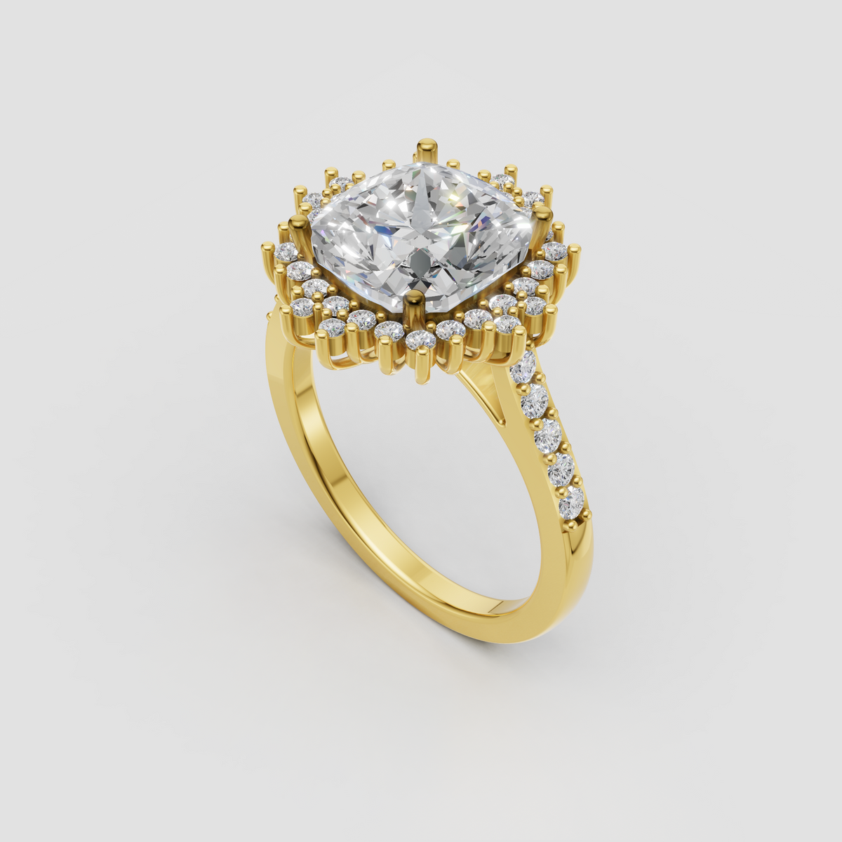 Cushion cut diamond ring with round diamond halo and pavé band