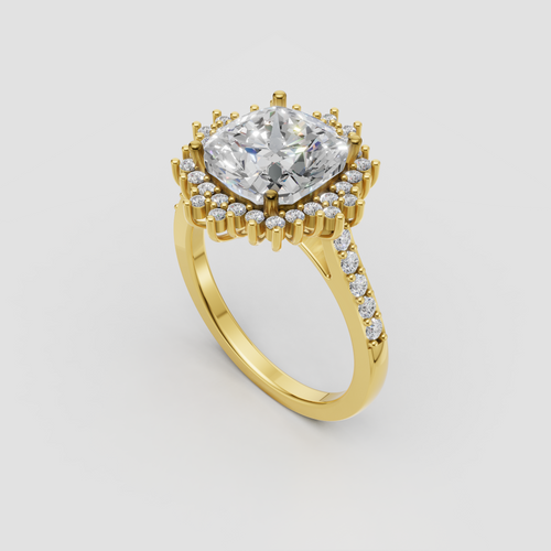 Cushion cut diamond ring with round diamond halo and pavé band