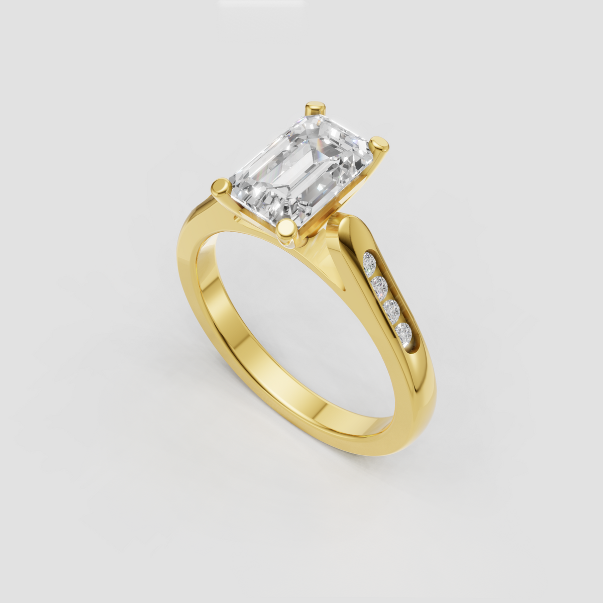 Yellow gold emerald cut diamond ring with sparkling side stones.