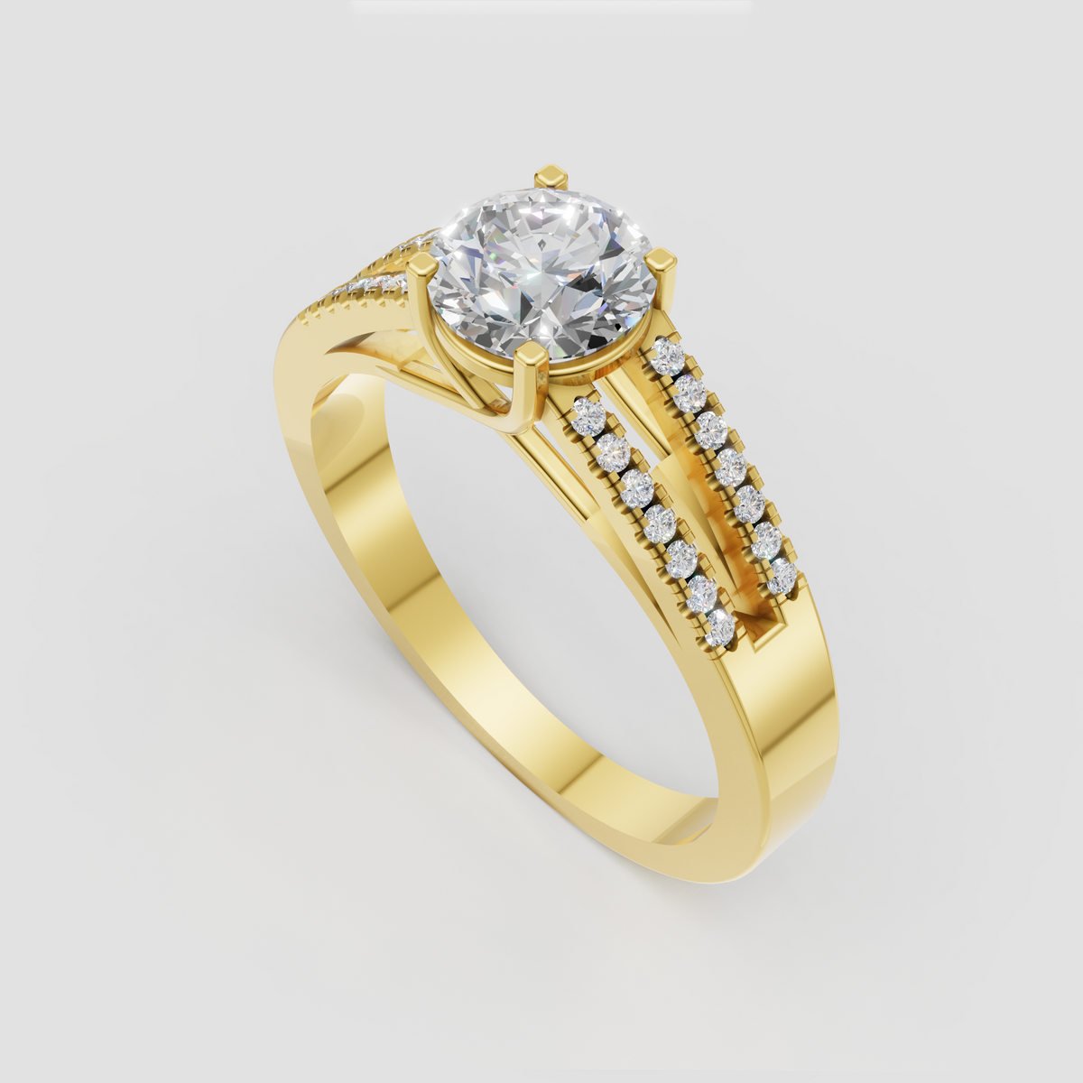 Round brilliant diamond four-prong engagement ring with pavé band