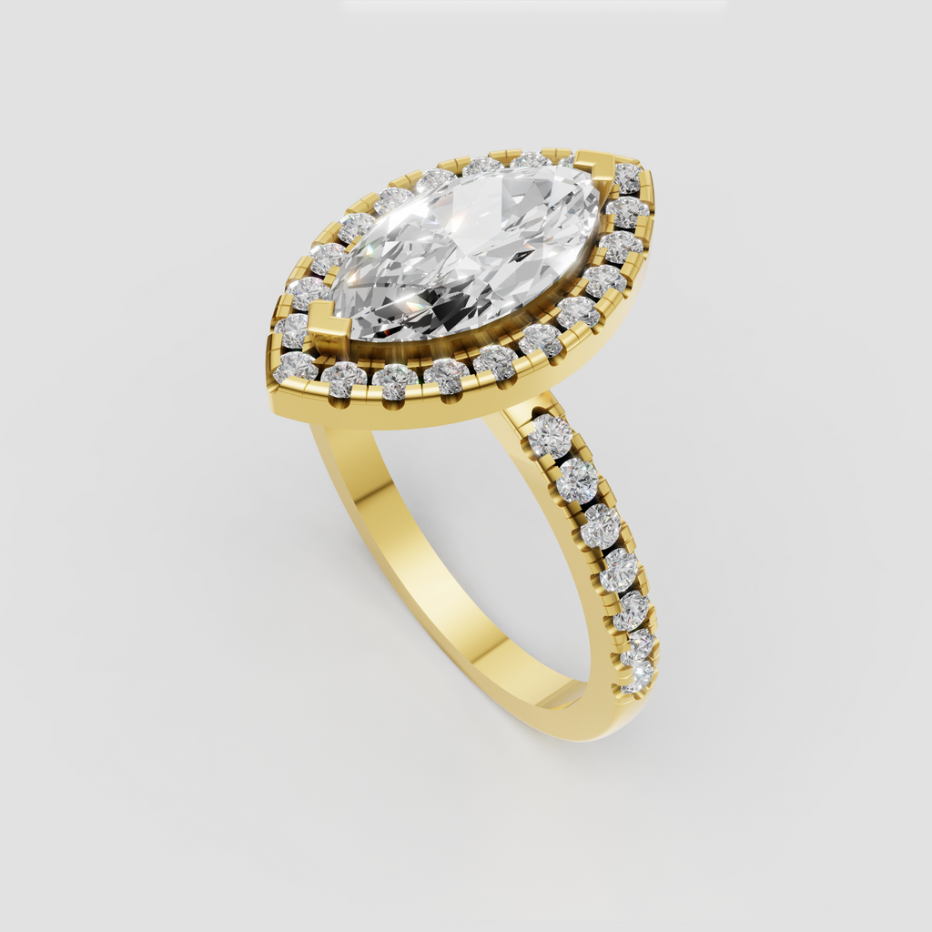 Yellow gold marquise diamond ring with sparkling halo and pavé band.