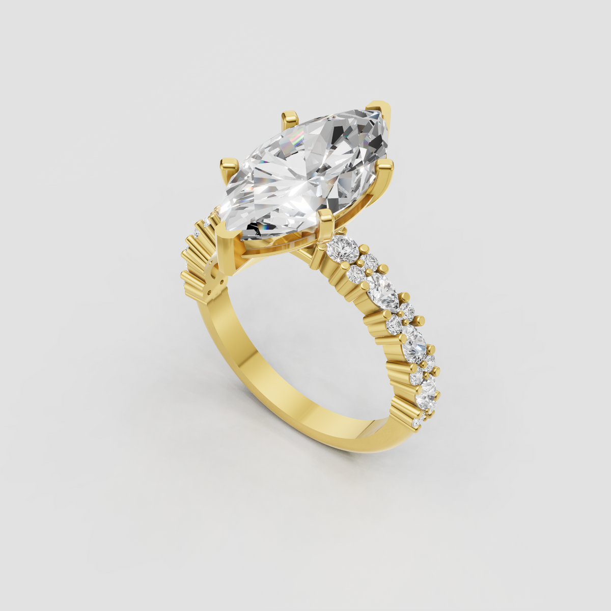 Marquise cut diamond engagement ring with half-eternity yellow gold band