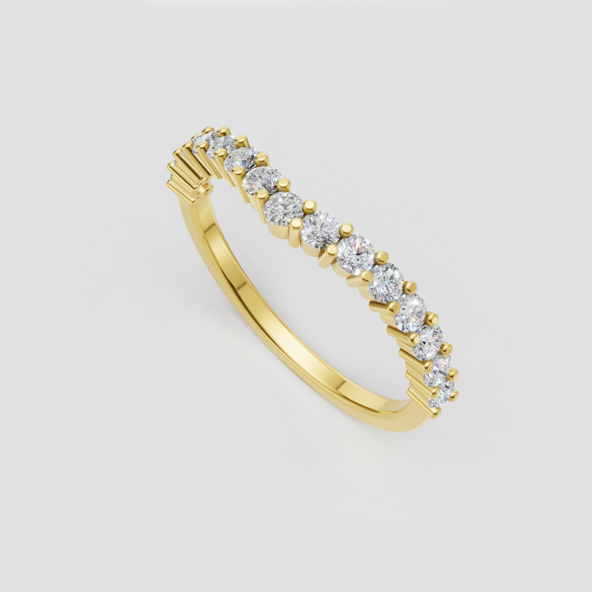 Round brilliant diamond curved eternity ring with shared prong setting