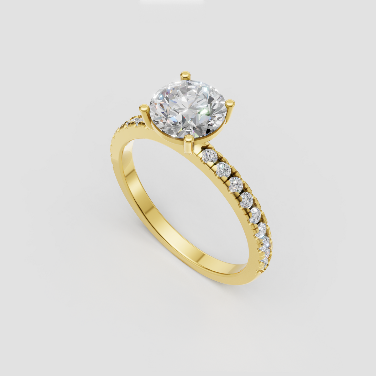Round brilliant diamond engagement ring with pavé shoulders