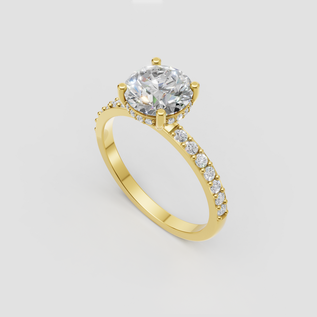 Round brilliant diamond engagement ring with pavé shoulders and four-prong setting