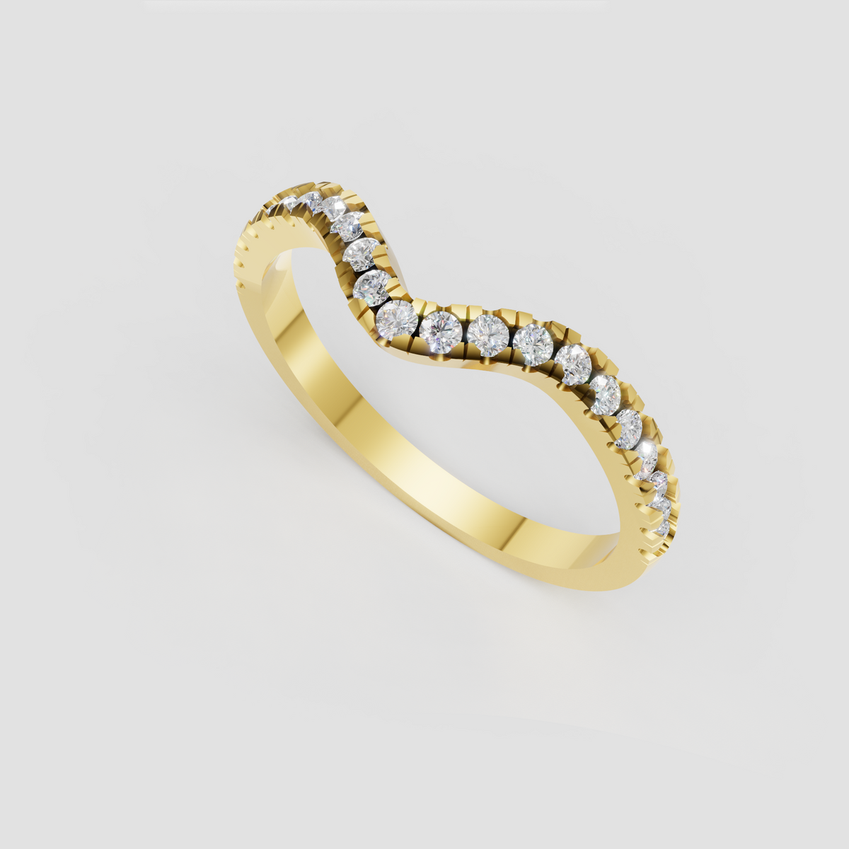 Round diamond shared prong curved wedding band in polished yellow gold