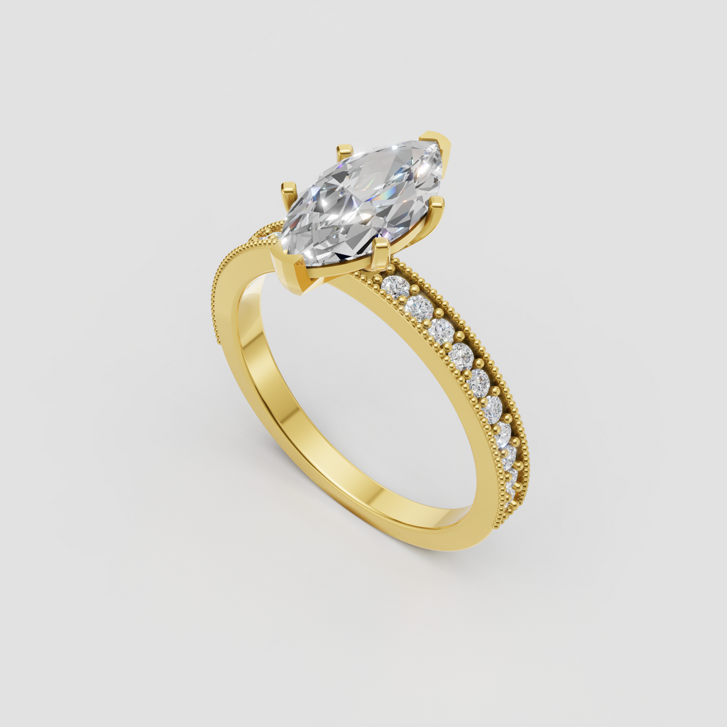 Marquise diamond prong setting engagement ring with pavé band