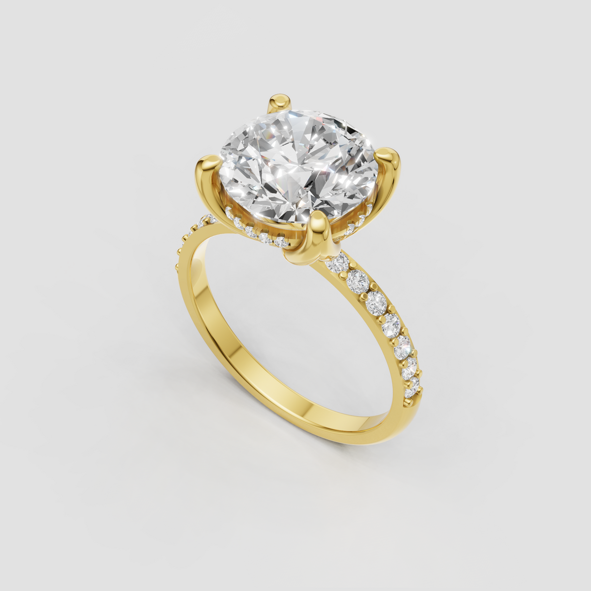Round Diamond cathedral engagement ring with four sculpted prongs and pavé band