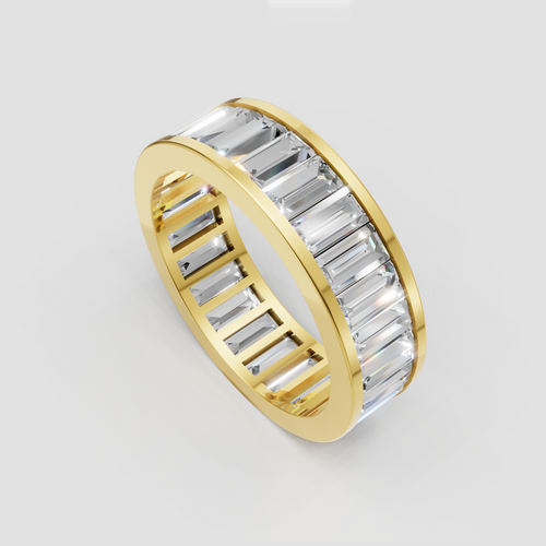 Baguette diamond wedding band with polished gold borders