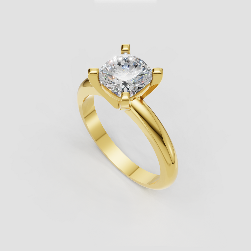 Cushion cut diamond ring with four prong solitaire setting