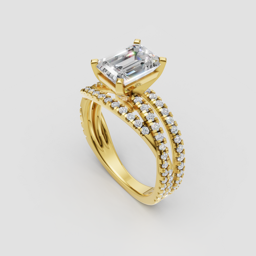 Emerald cut Diamond ring featuring pavé accent stones on a split shank