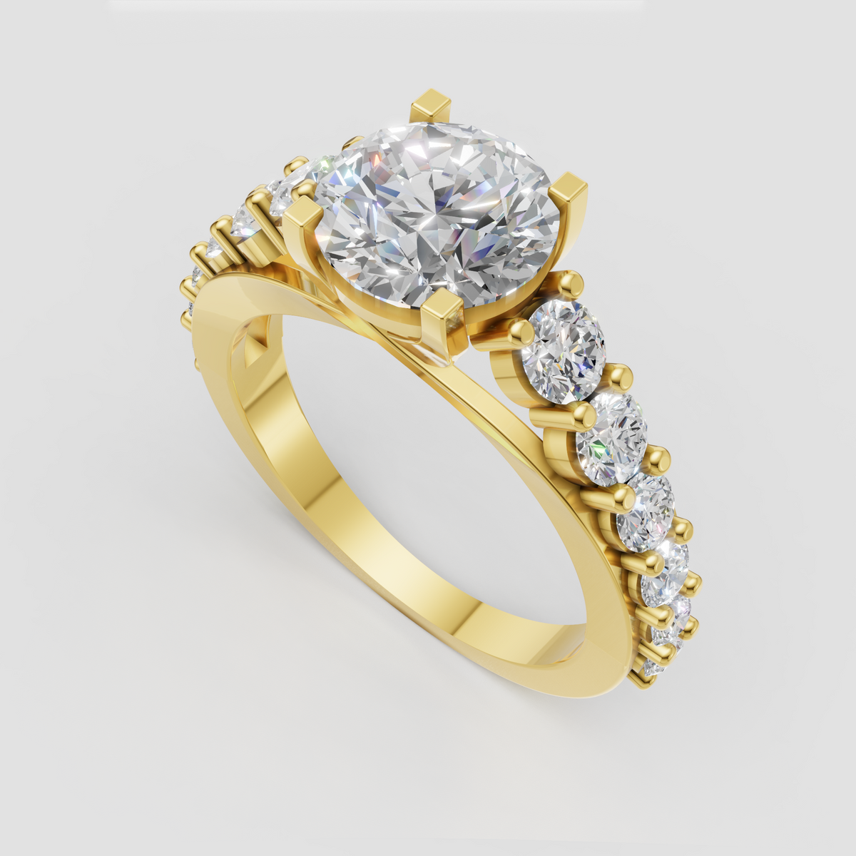 Round cut diamond engagement ring with cascading side stones