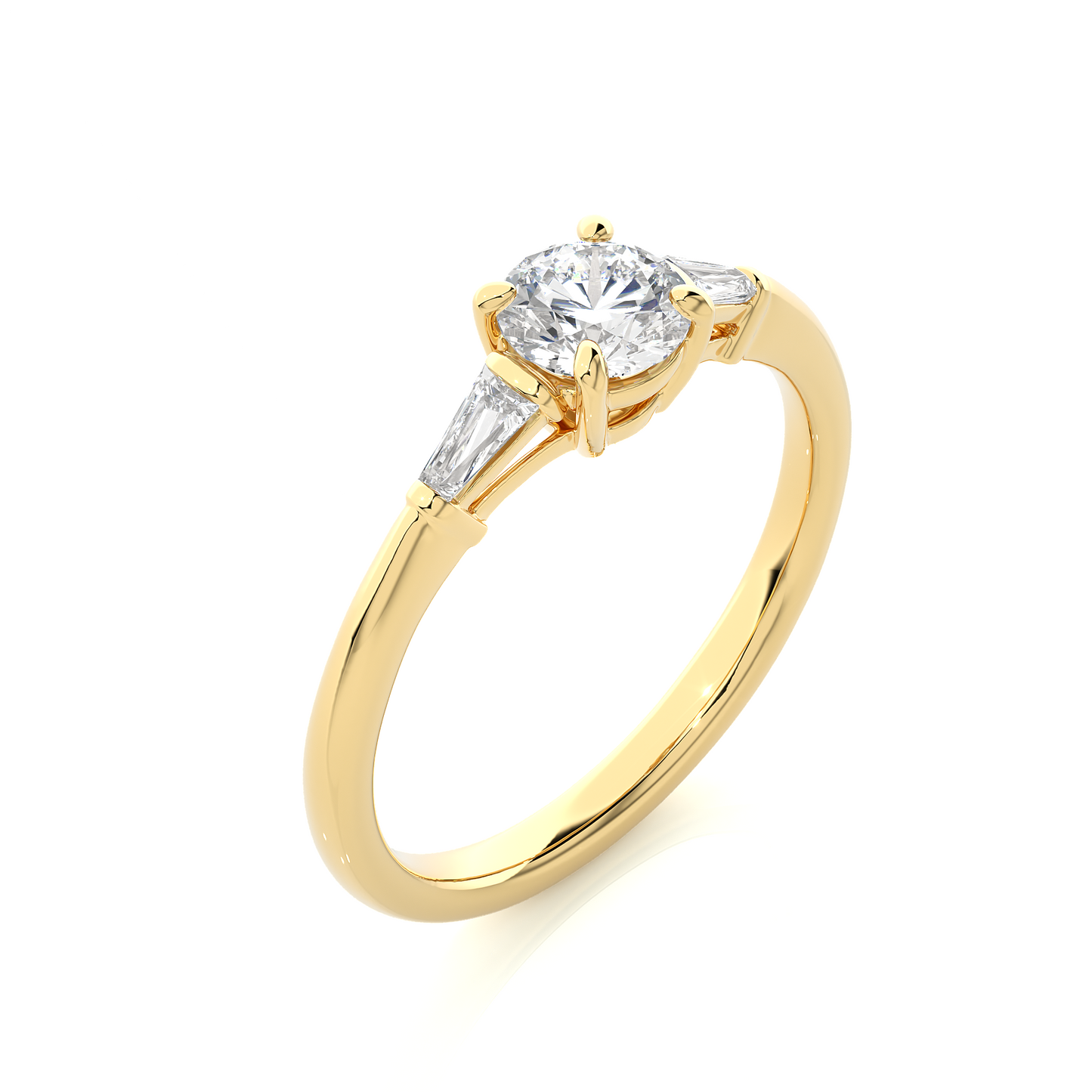 Round Lab / Moissanite Diamond With Tapered Baguette Three Stone Ring