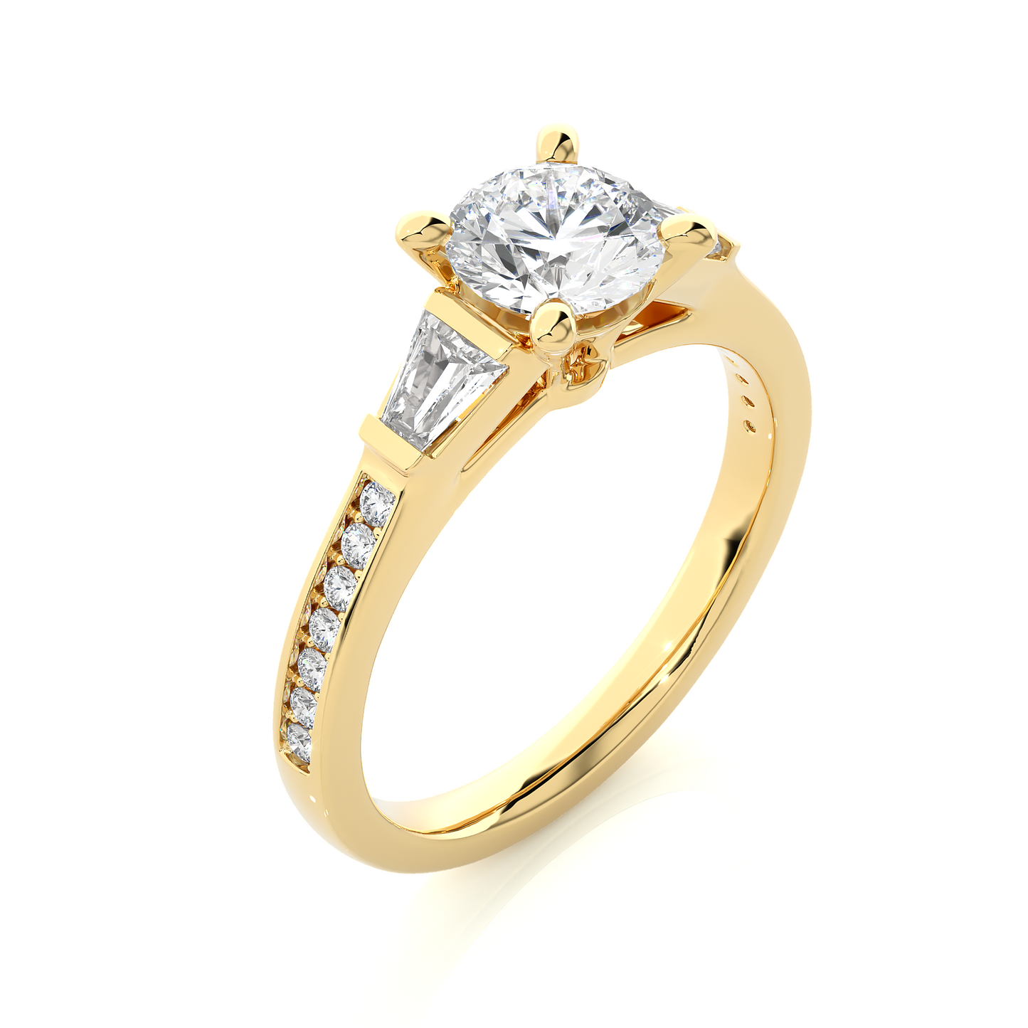 Round Diamond Three Stone Engagement Ring With Baguette Side Stones