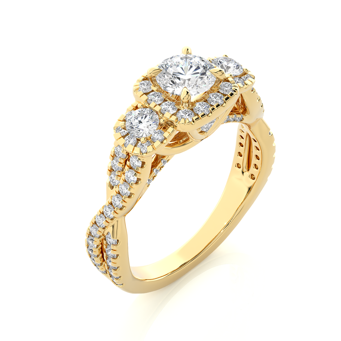 Lab & Moissanite Diamond Halo Three Stone Engagement Ring