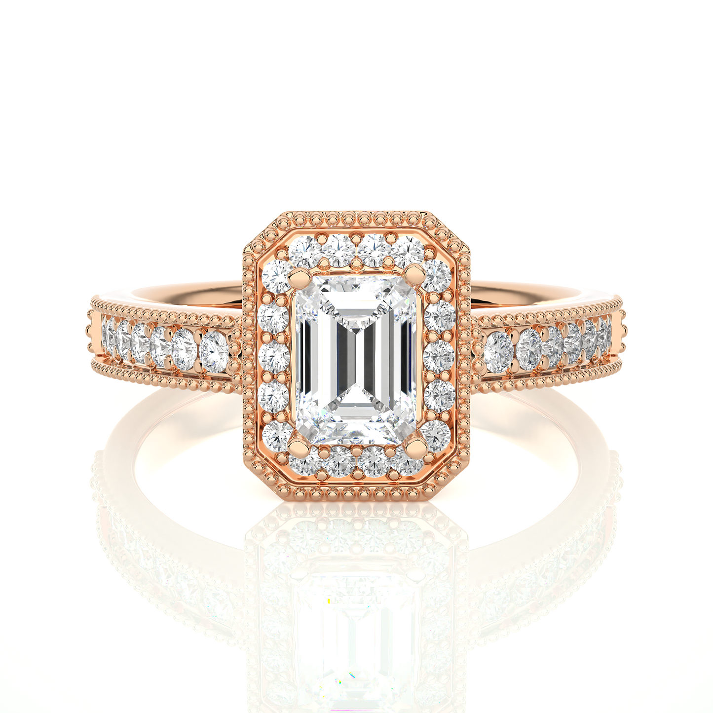 Emerald Cut Halo Vermeil Moissanite Lab Diamond Ring