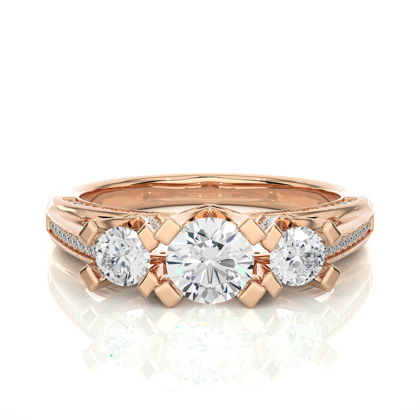 Three Stone Diamond Hidden Halo Engagement Ring