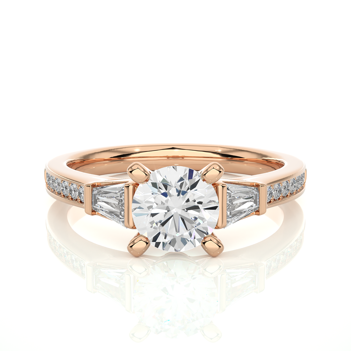Round Diamond Three Stone Engagement Ring With Baguette Side Stones
