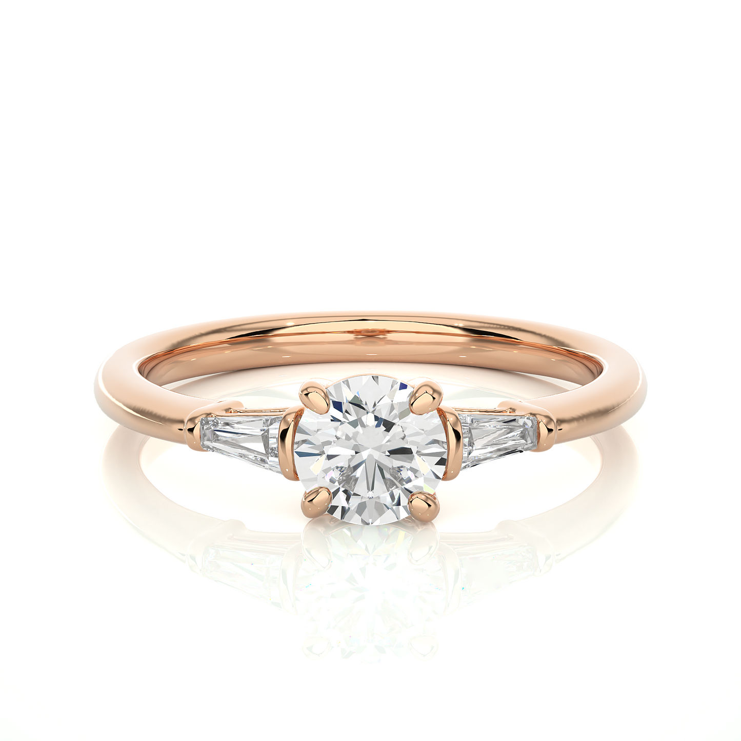 Round Lab / Moissanite Diamond With Tapered Baguette Three Stone Ring