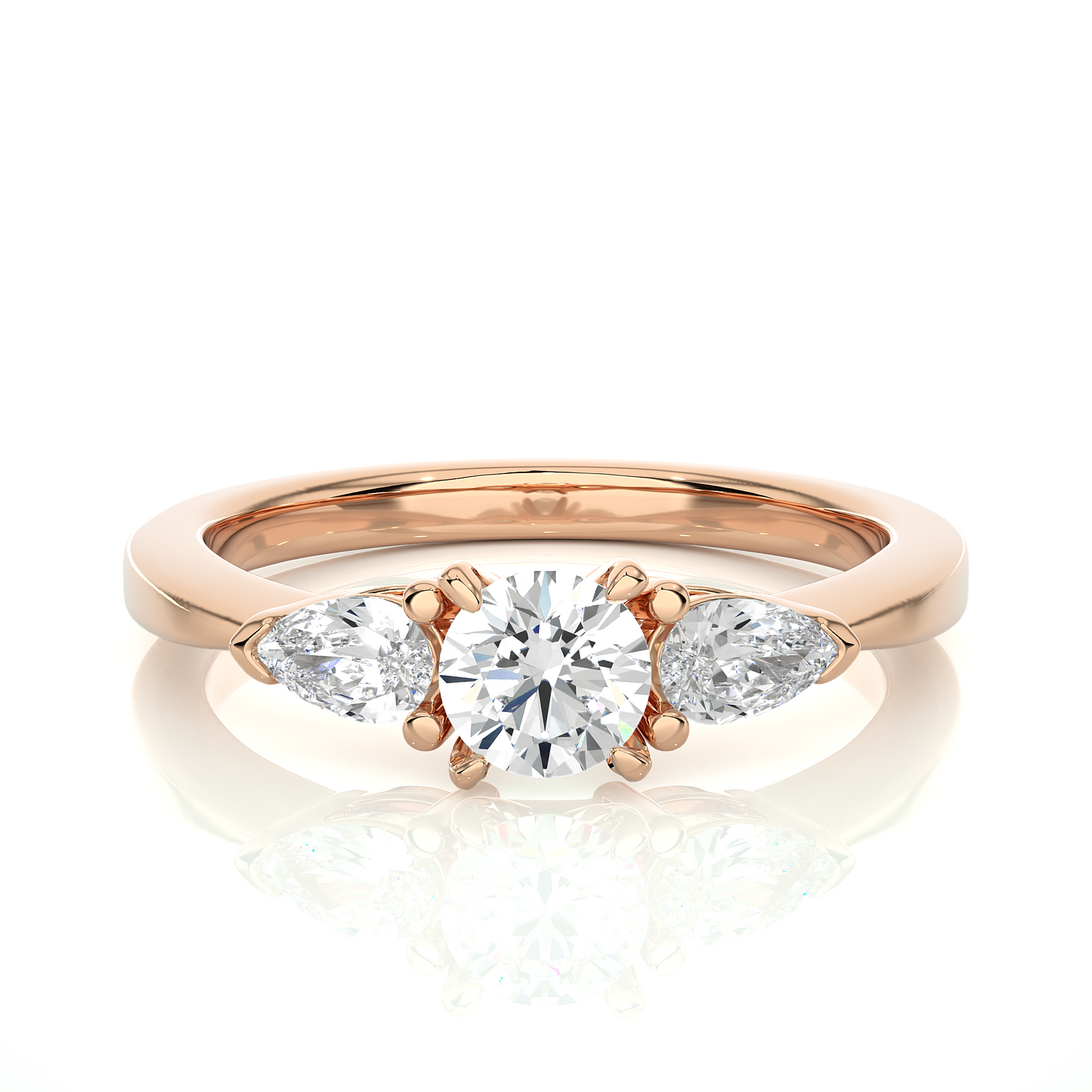 Three Stone Round Lab & Moissanite Diamond Engagement Ring With Pear Side Stones