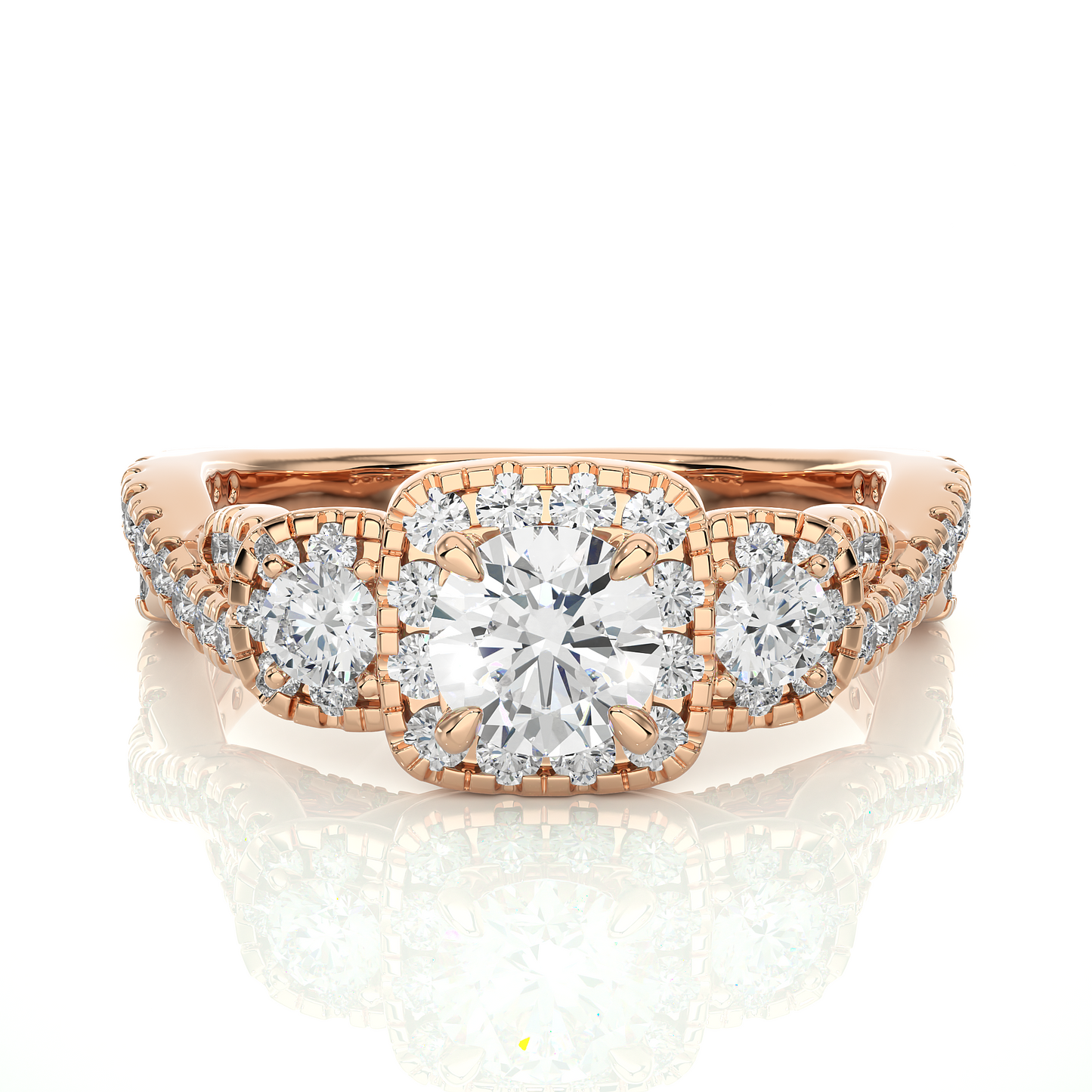 Lab & Moissanite Diamond Halo Three Stone Engagement Ring